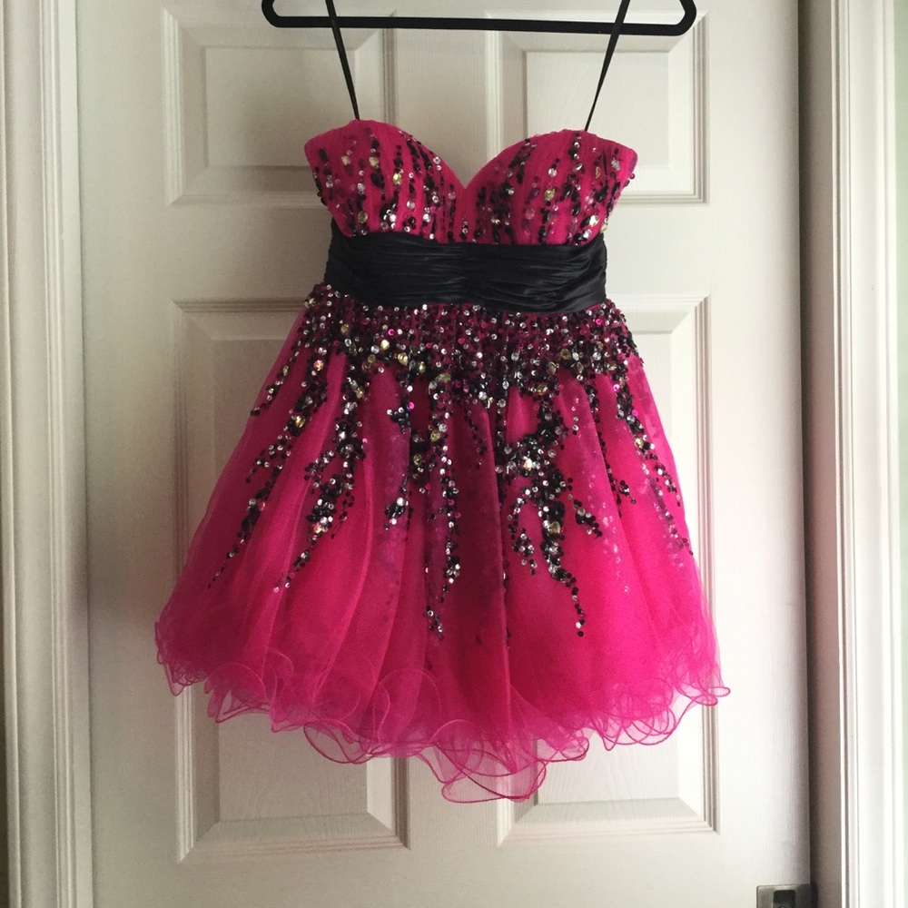 Alyce designs pink & black, strapless prom dress